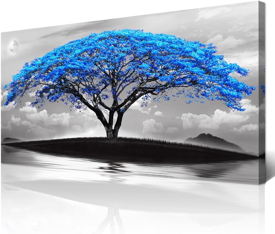 Wapluam Black And White Pictures Large Canvas Prints Wall Art For Living Room Bedroom Wall Decor Blue Tree Landscape Painting To Hang Modern Home Decorations For Office Stretched And Framed Works