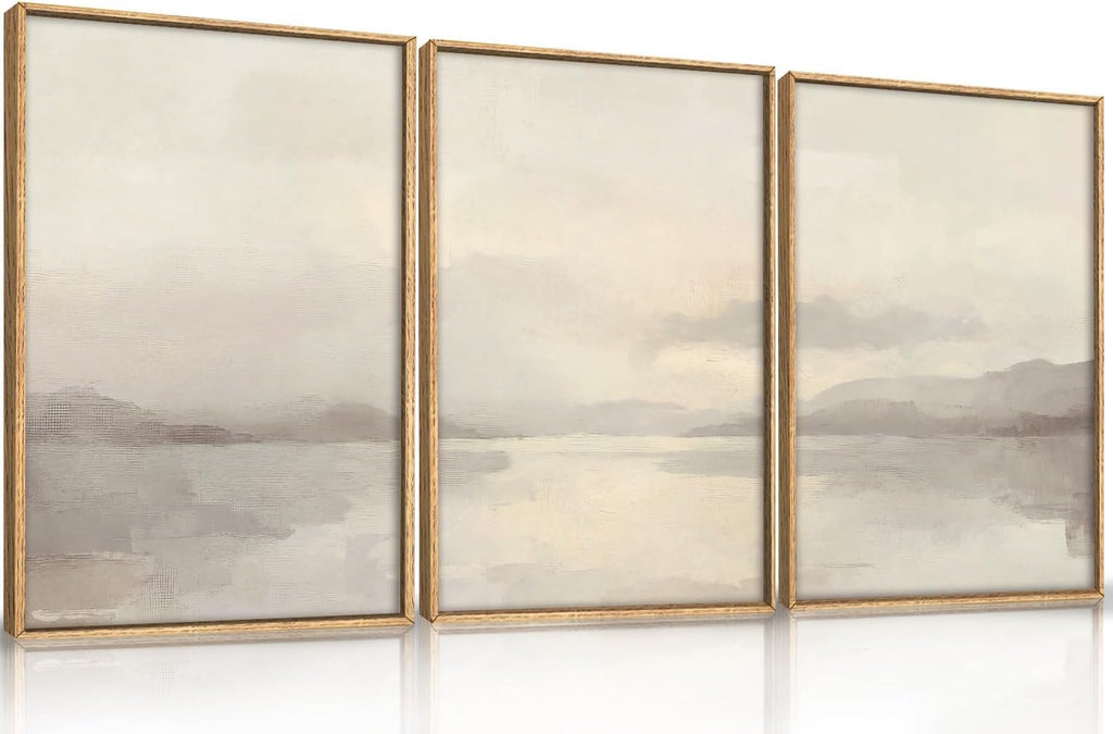 LHIUEM Large Abstract Neutral Beige Pastel Framed Canvas Wall Art,Modern Watercolor Lakes Wall Decor,Nature Mountain Minimalist Artwork for Living Room,Bedroom,Dining Room,Office -24'x36'x3