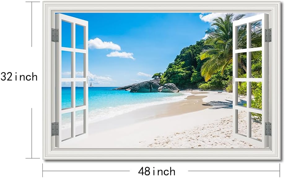 Beach Wall Art Pictures Decor for Living Room Fake White Window Frame Style Blue Ocean Canvas Wall Painting Theme for Bedroom Extra Large Tropical Palm Tree Art Pirnts Coastal Seascape Artwork for Home Office Basement Decorations32x48inch