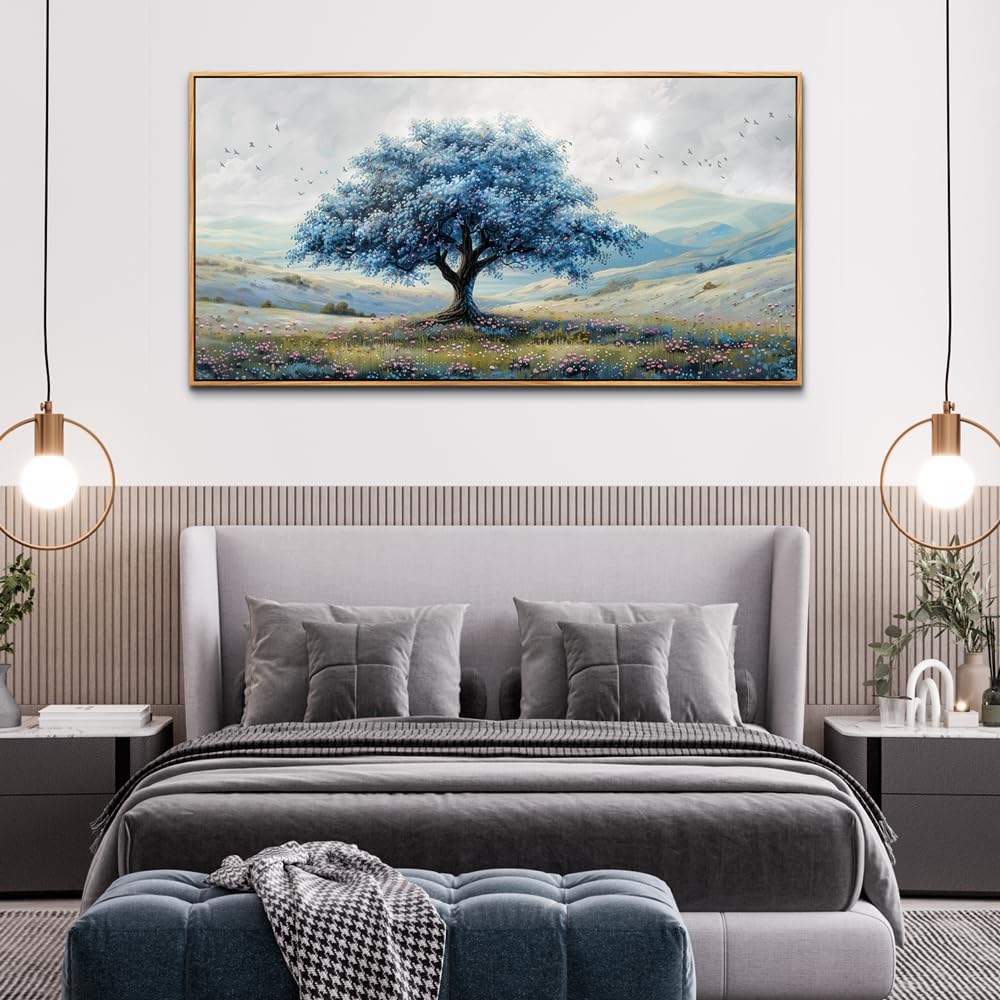ZUITINGHUA Wood Framed Canvas Wall Art For Living Room Large Wall Decor For Office Bedroom Decorations Blue Tree Landscape Pictures Farmhouse Paintings Artwork Wall Mural Modern Home Decor 30x60 In