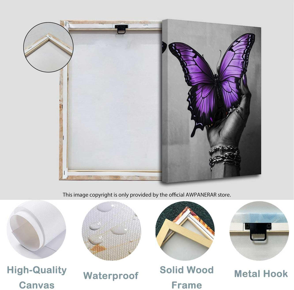 AWPANERAR Abstract Women Canvas Wall Art Black Woman Hand and Butterfly Picture Prints Black Girl and Butterfly Painting African American Artwork Bedroom Decor Framed (Purple, (42L x 28W))