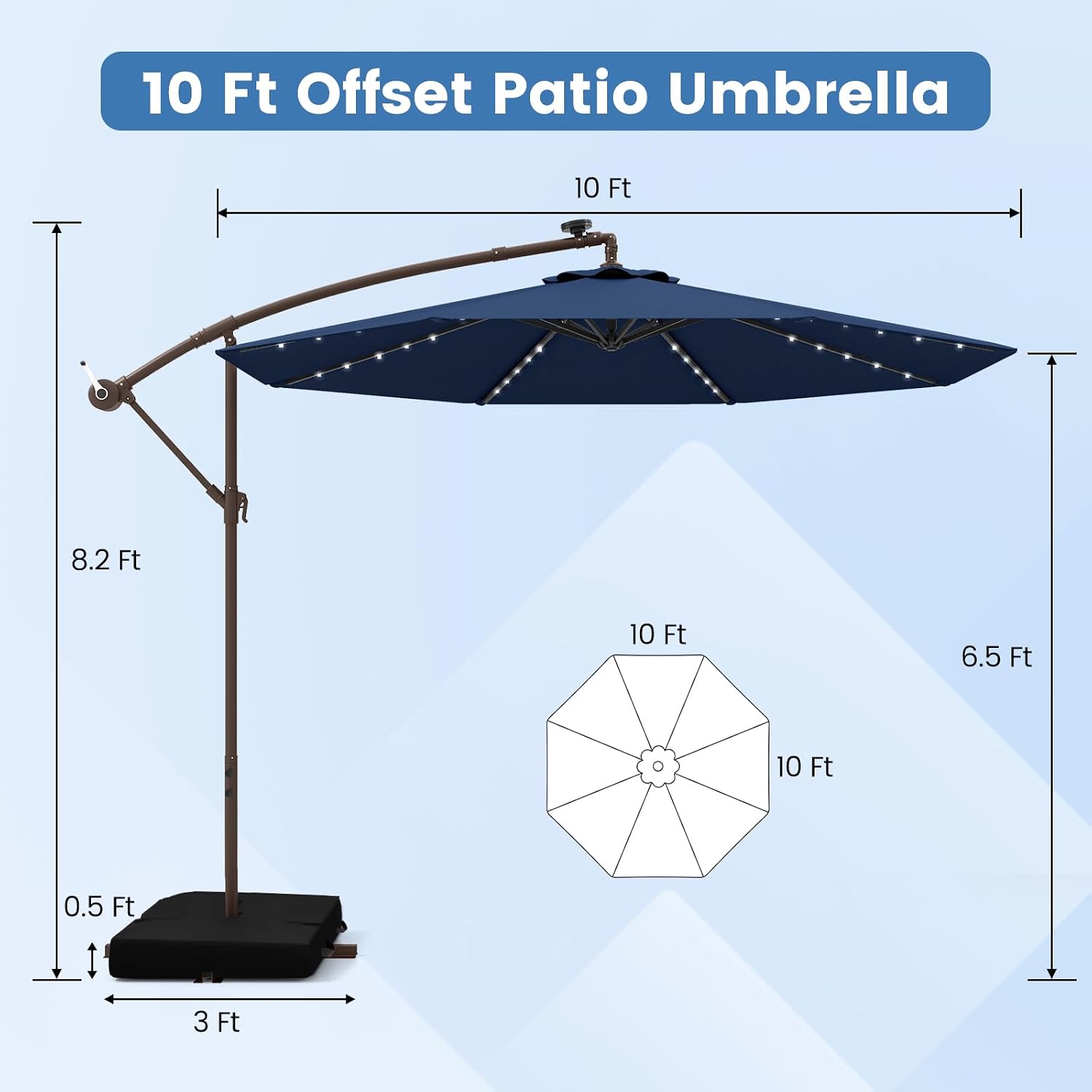 Tangkula 10FT Offset Patio Umbrella with Base Included, Outdoor Cantilever Umbrella with 40 Solar LED Lights, Tilt Adjustment, Crank Handle, Vented Top, Sand Bags for Pool Yard Deck (Navy)