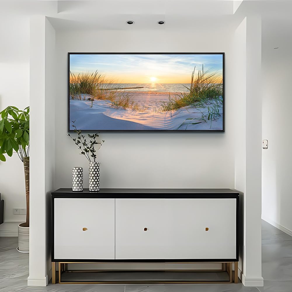 MHARTK66 Canvas Wall Art For Living Room Large Wall Decor For Office Bedroom Poster Art Prints Sun Seascape Wall Painting Blue Ocean Pictures Artwork For Walls Black Wood Framed 24' X 48'