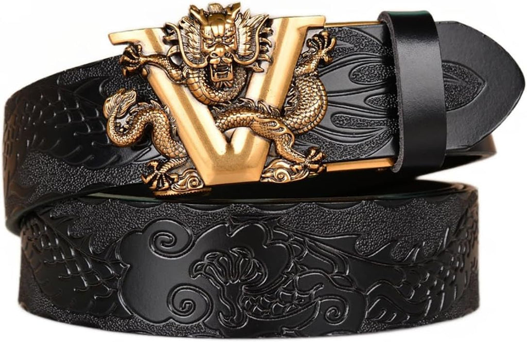 Mens Ratchet Leather Belt, Genuine Leather belts, Engraved Vintage Dragon Eagle Tiger Buckle, Business leisure belt
