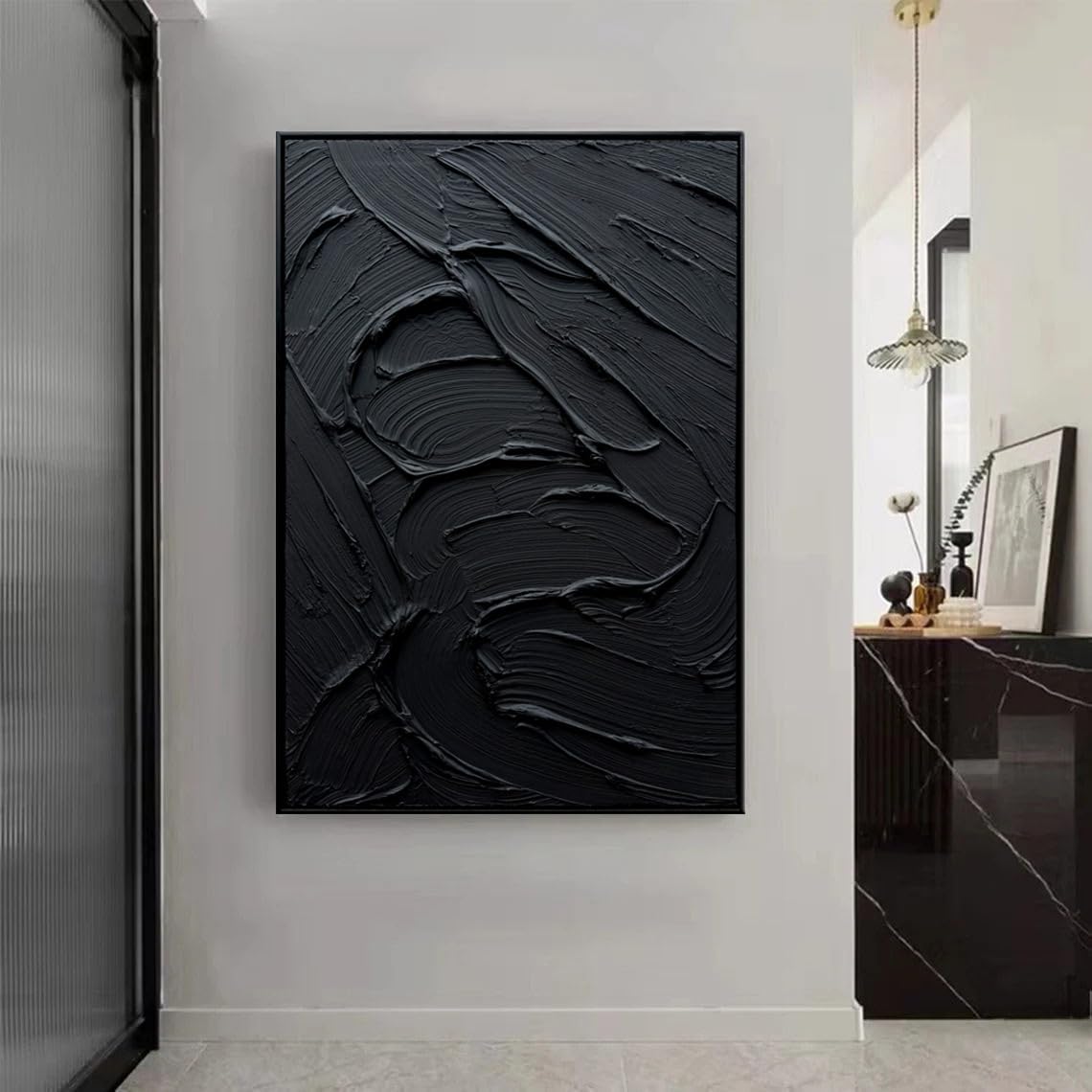 Slyart Framed Black Textured Wall Art, Hand Painted Contemporary Abstract Oil Painting, Framed Thick Texture Vertical Canvas Wall Art 24x36 Inch