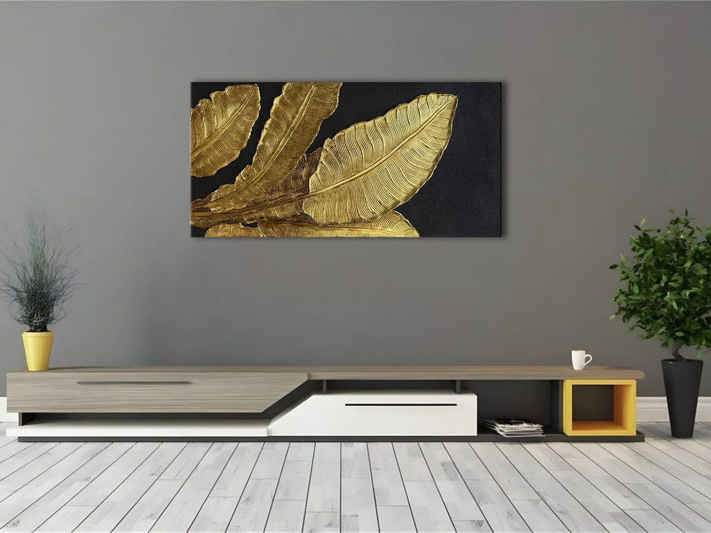 Slyart 100% Hand-Painted 3D Black and Gold Textured Wall Art, Modern Gold Banana Leaf Oil Paintings on Canvas Wall Decor
