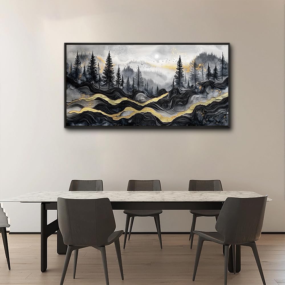 KELIYUAAN Large Canvas Wall Art For Living Room Black Framed Wall Decor For Bedroom Office Wall Decorations Prints Pictures Abstract Mountain Landscape Painting Home Decor Aesthetics 24'X48'