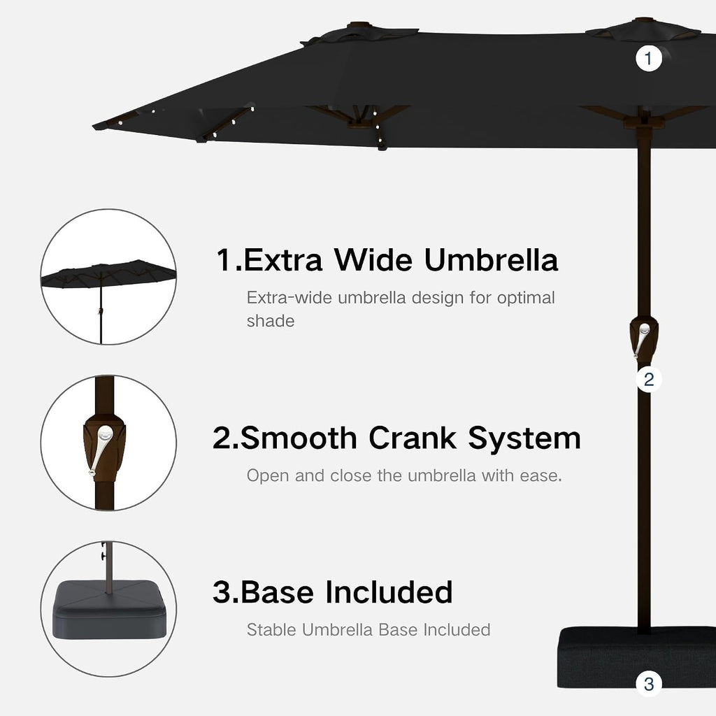 Kingdura 15ft Large Patio Umbrella with Solar Lights, Double-Sided Rectangle Lighted Outdoor Table Umbrella with Base Included, 12 Reinforced Ribs, 48 Led Lights, Crank Lift for Market Pool Deck Backyard, Black