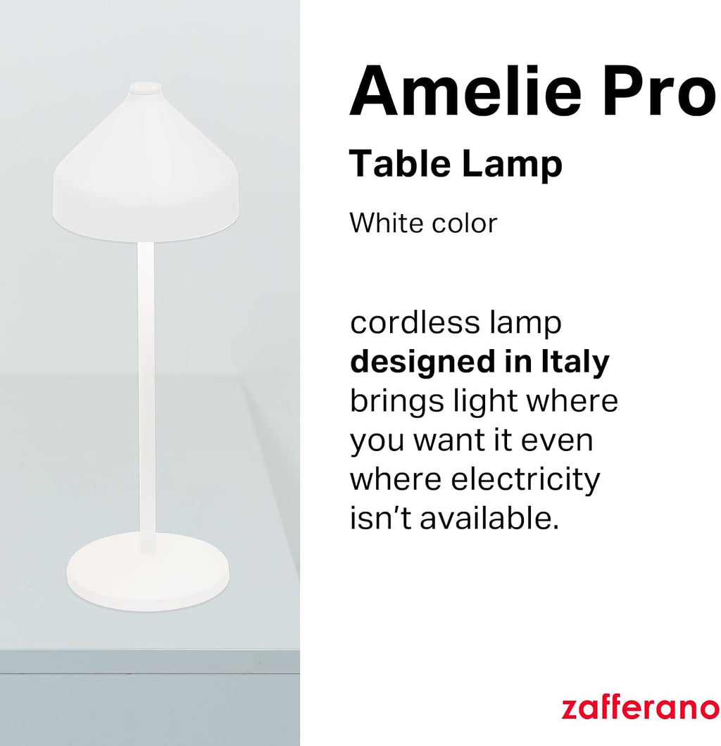 Zafferano, Amelie Pro Lamp, Rechargeable Cordless Table Lamp with Touch Control, Suitable for Indoor and Outdoor, Dimmer, 2200-3000 K, Height 13.4 Inches, White Color