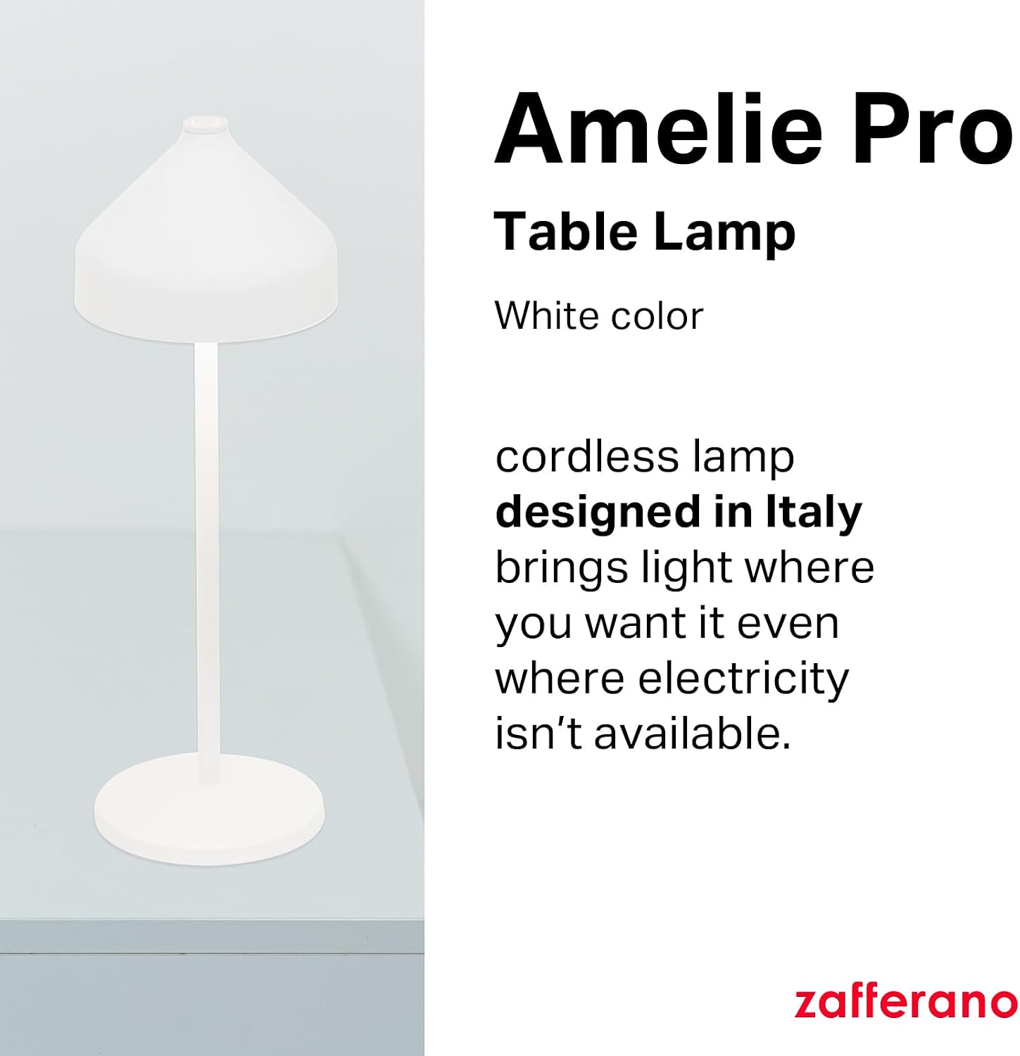 Zafferano, Amelie Pro Lamp, Rechargeable Cordless Table Lamp with Touch Control, Suitable for Indoor and Outdoor, Dimmer, 2200-3000 K, Height 13.4 Inches, White Color