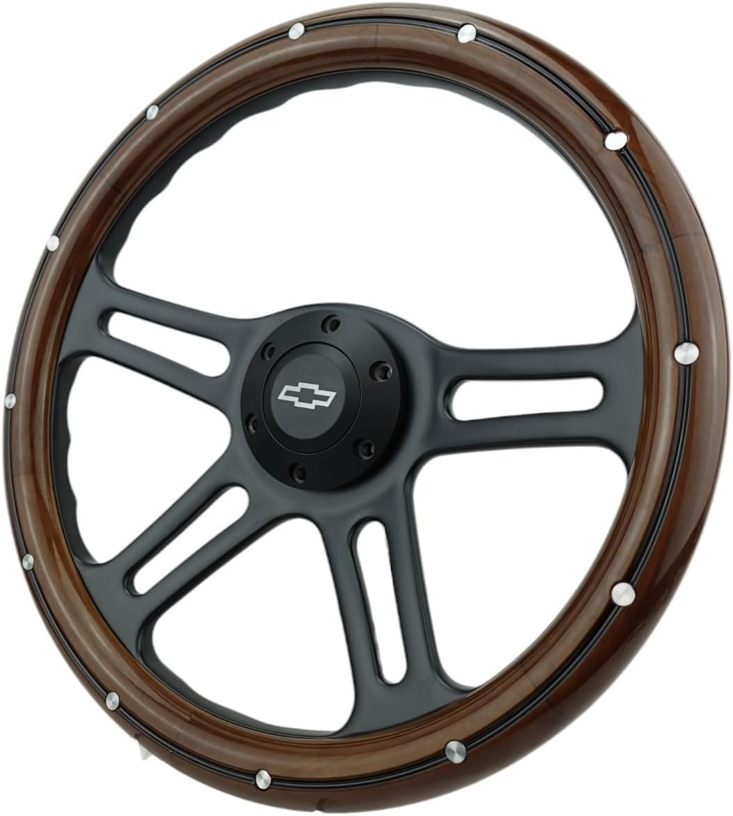 14' Billet Black Aluminum Steering Wheel w/Real Mahogany Wood Rivet Half wrap & Chevy Engraved Horn