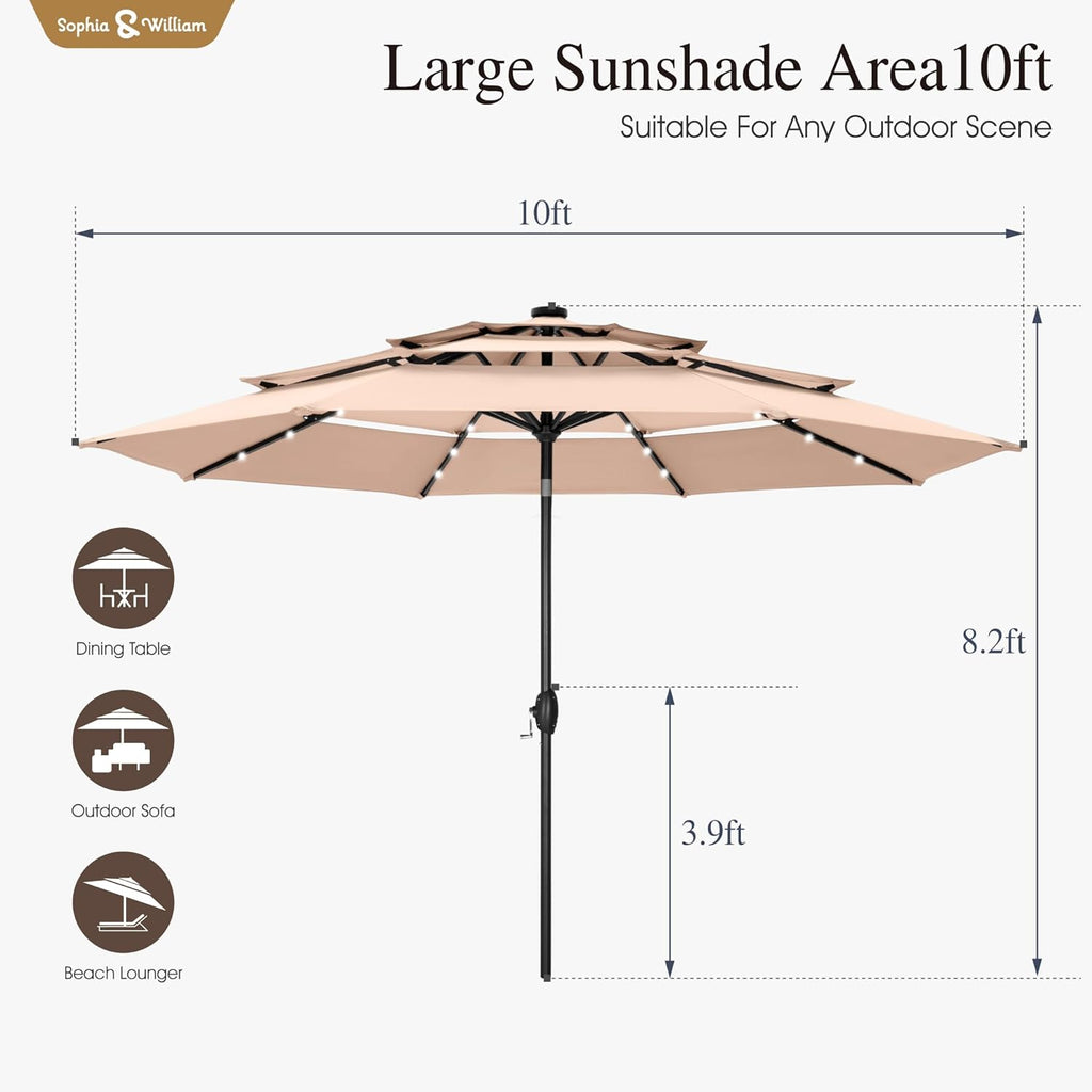 Sophia & William 10ft Patio Umbrellas 3-Tier Umbrella Outdoor Patio Umbrellas with Lights Vented Top 24 LED lights Adjustable Tilt for Pool Garden Backyard, Beige