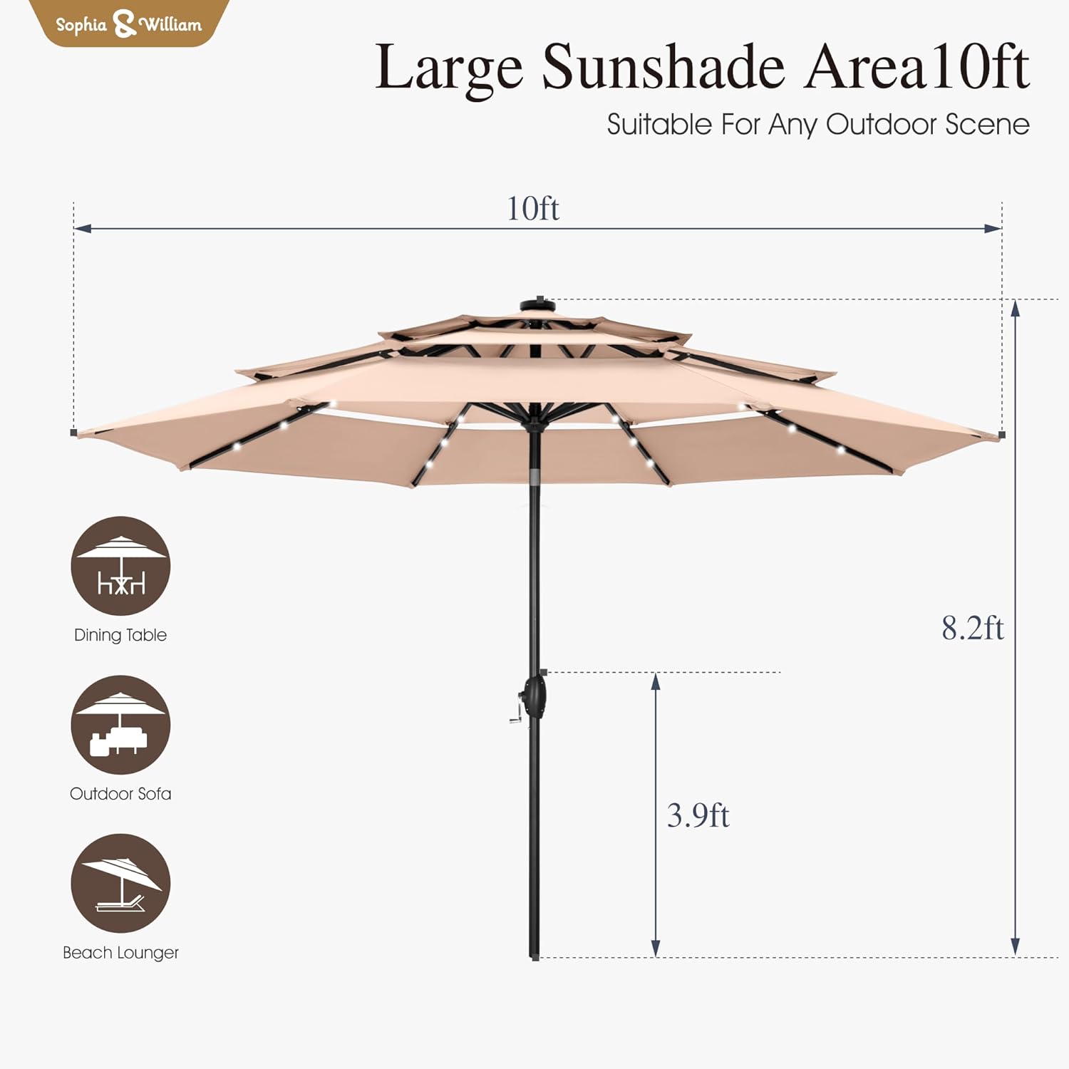 Sophia & William 10ft Patio Umbrellas 3-Tier Umbrella Outdoor Patio Umbrellas with Lights Vented Top 24 LED lights Adjustable Tilt for Pool Garden Backyard, Beige