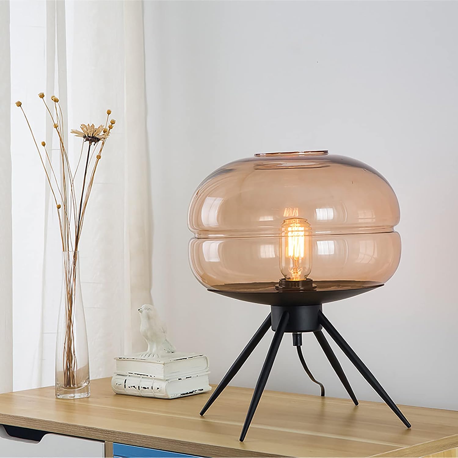 Oval Four-Leg Bracket Glass Table Lamp Personalized Glass Oval Lampshade Bedside Table Lamp Nordic Hand-Blown GlassIron Art Four-Leg Bracket Transparent Glass Lampshade Table Lamp Bedroom (Amber)