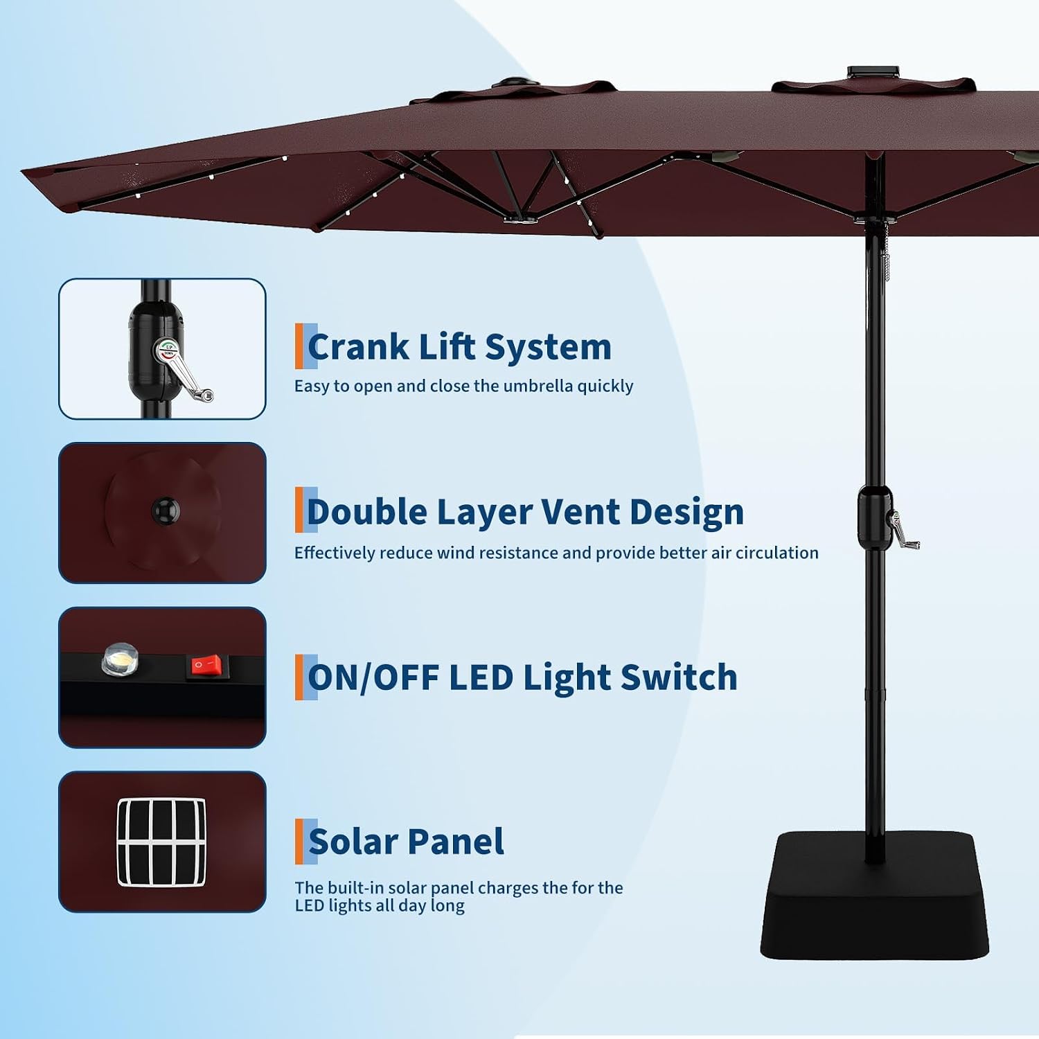 Garvee 15 ft Rectangular Patio Umbrella with Solar Lights & Base Included - Large Patio Umbrella with Crank Handle 36 LED Lights, UV Protection for Outdoor Market, Backyard, Deck, Pool, Burgundy