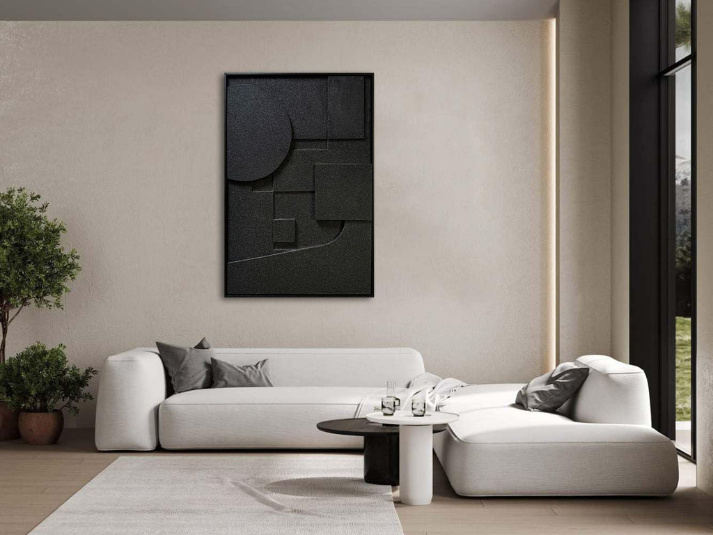 Slyart Black Textured Wall Art, Handmade Contemporary Art 3D Abstract Relief Painting, Framed Thick Texture Vertical Wall Art 24x36 Inch
