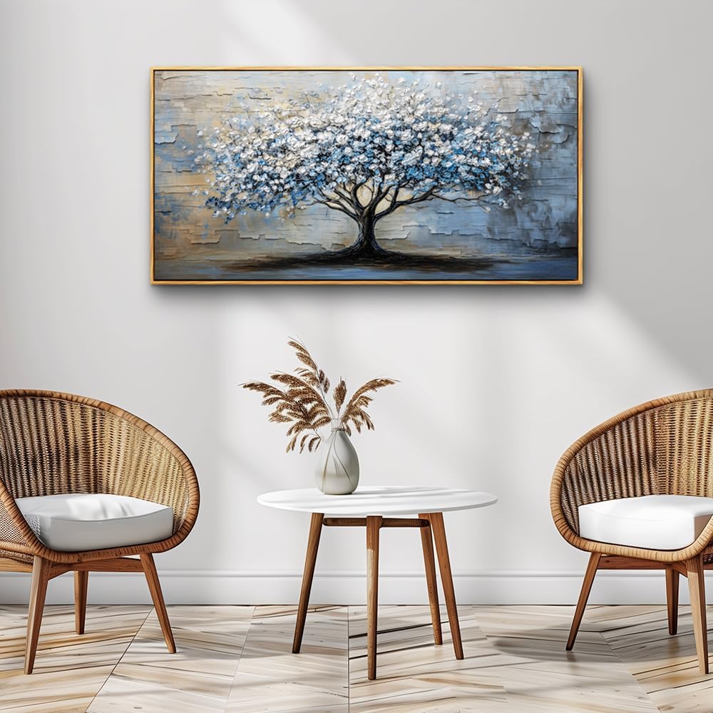 ERQINHUA Wood Framed Abstract Wall Art Office Large Wall Decor Art For Living Room Wall Pictures Blue Grey TreePainting Framed Canvas Artwork Bedroom Dining room Home Decoration Aesthetics 24'X48'