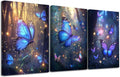 LZIMU 3Pcs Butterfly Wall Art Blue and Purple Butterflies Picture Fantasy Forest Painting Abstract Modern Canvas Print Nature Artwork Girls Bedroom Room Decor (24x36inx3 Pieces)