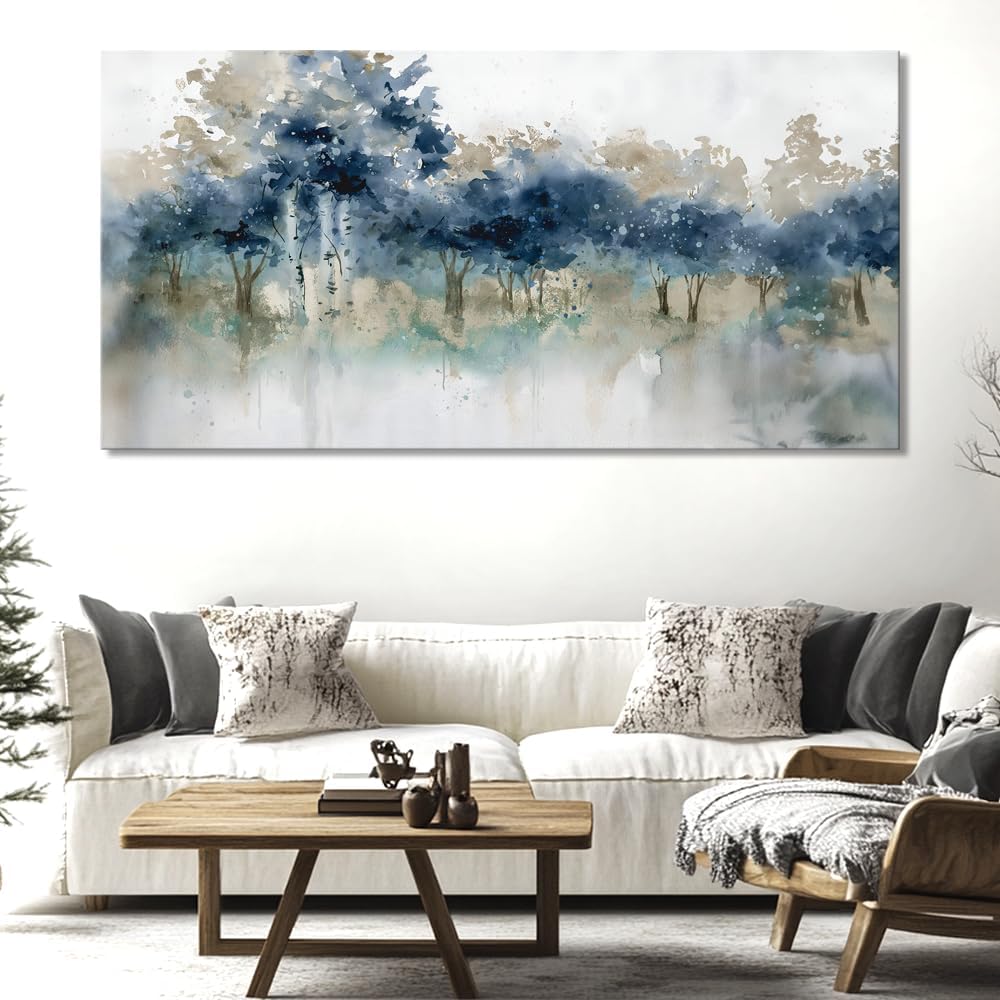 Wall Art Landscape Modern Wall Decor Canvas Painting Blue Ink Wall Art Large Artwork for Living Room Bedroom Office Home Decor 71'x36' with Framed
