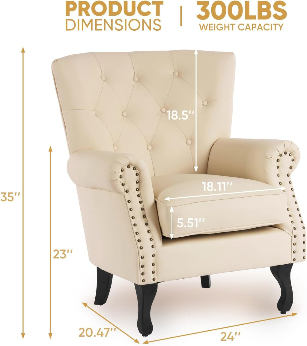 MOJAY PU Leather Accent Chair, Mid-Century Modern Armchair Living Room Club Chair with Tufted Button & Rivet Trim, Upholstered Sofa Chair with Sturdy Wood Legs for Bedroom (Ivory White)