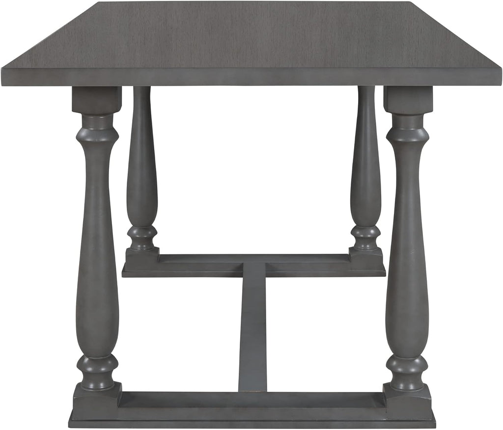 Retro 6-Piece Kitchen Dining Table Set with Comfortable Upholstery Chairs and Bench, Solid Wood Dining Table with Special-Shaped Legs, Suitable for Family Use (Gray-Comfort)