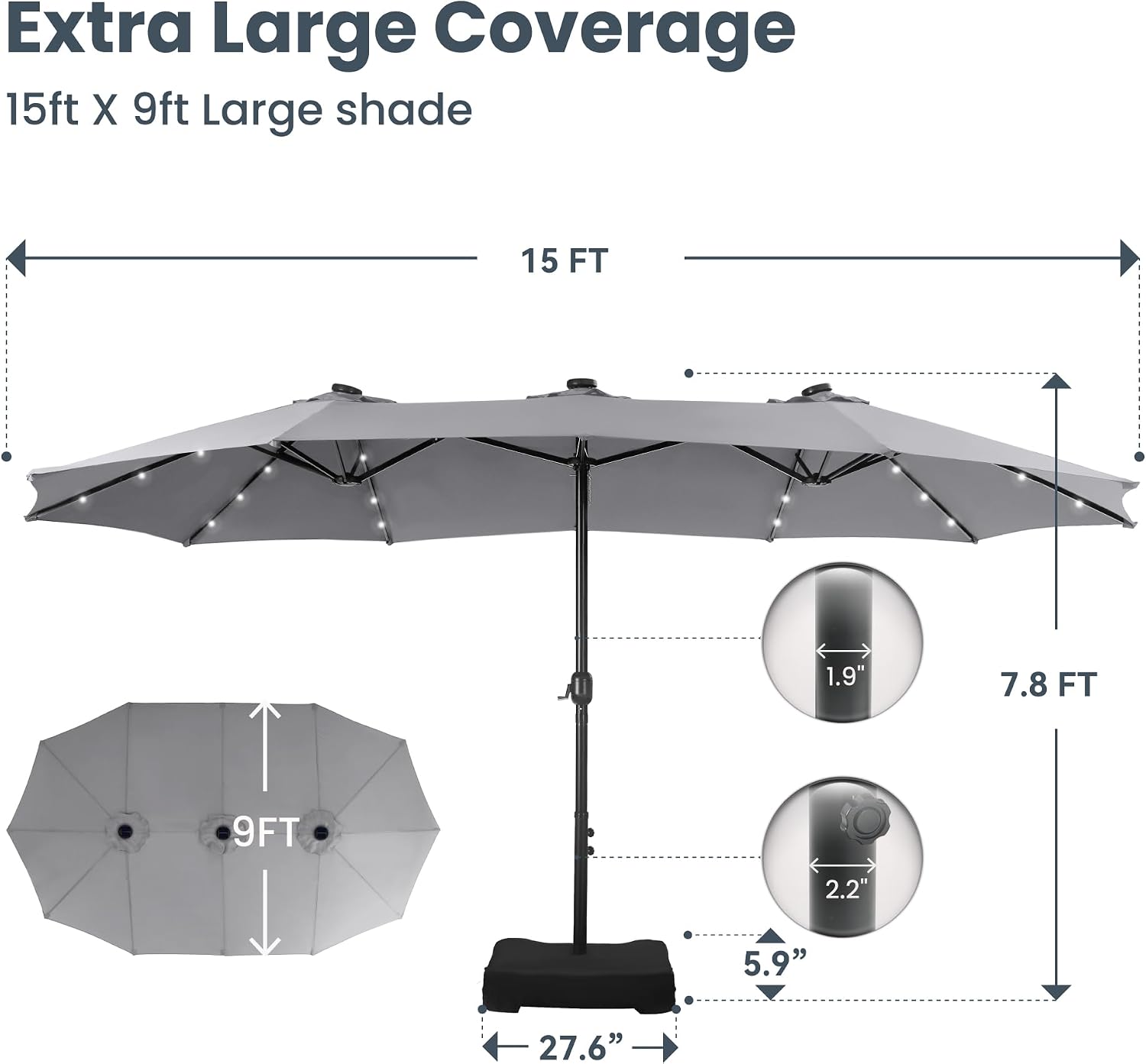 PHI VILLA 15ft Large Patio Umbrella with Solar Lights, Double-Sided Outdoor Market Rectangle Umbrellas with 36 LED Lights, Umbrella Base (Stand) Included, Light Grey