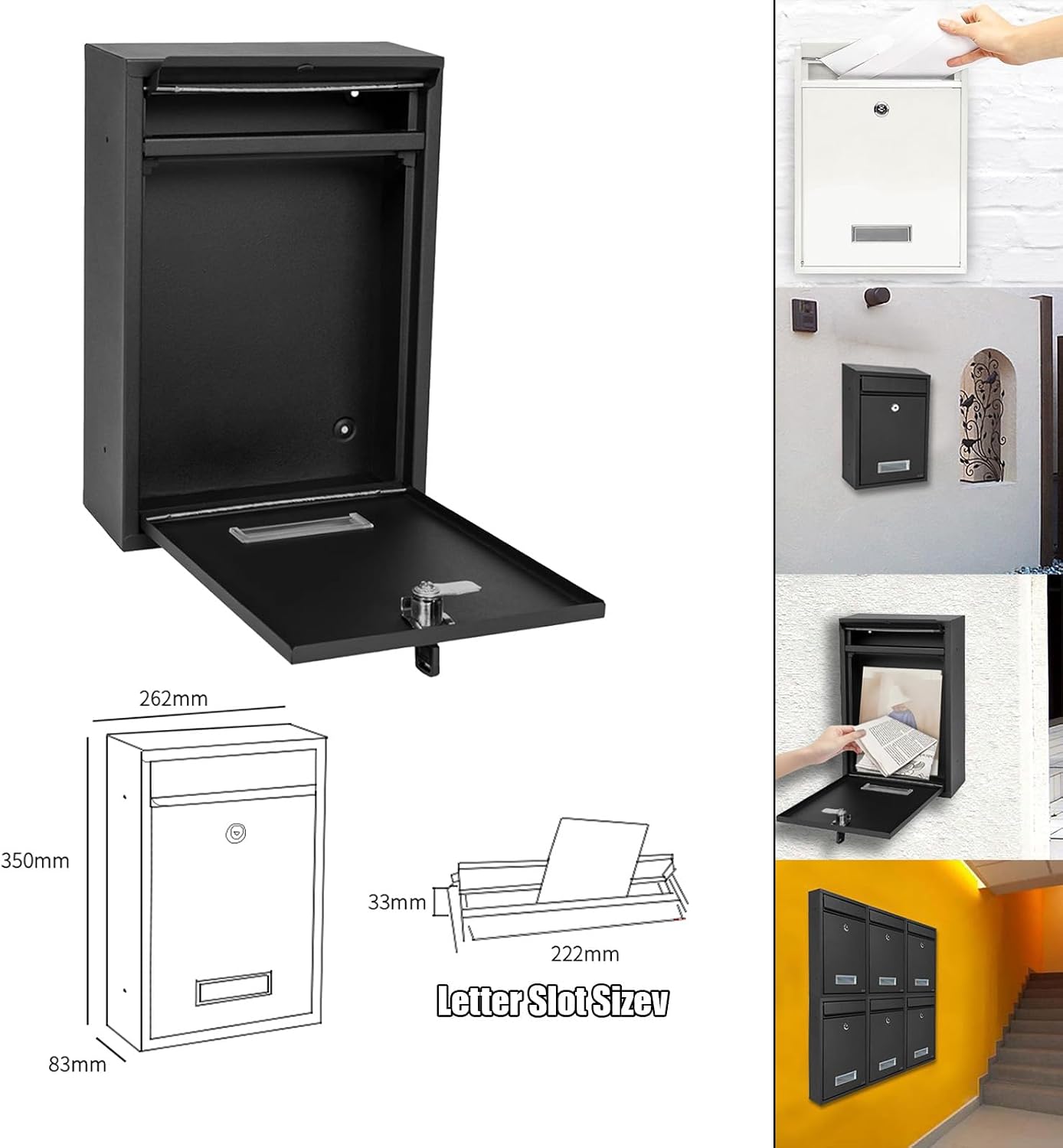 LANGSTON Locking Postbox for House, Wall Mounted Metal Mailbox, Security Lock Drop Box Collection Boxes Hanging Secure Postbox, Combination Lock Mail Boxes Outdoor,Black