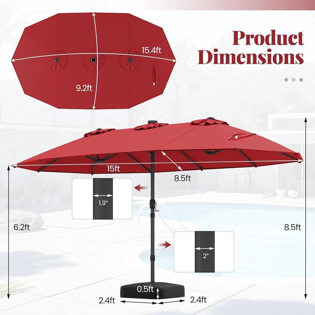 Tangkula 15FT Double-Sided Solar Patio Umbrella, Extra-Large Outdoor Twin Umbrella with 48 LED Lights, Vented Top, Crank Handle, 12 Ribs, Weighted Base Included for Backyard Poolside Deck (Wine)