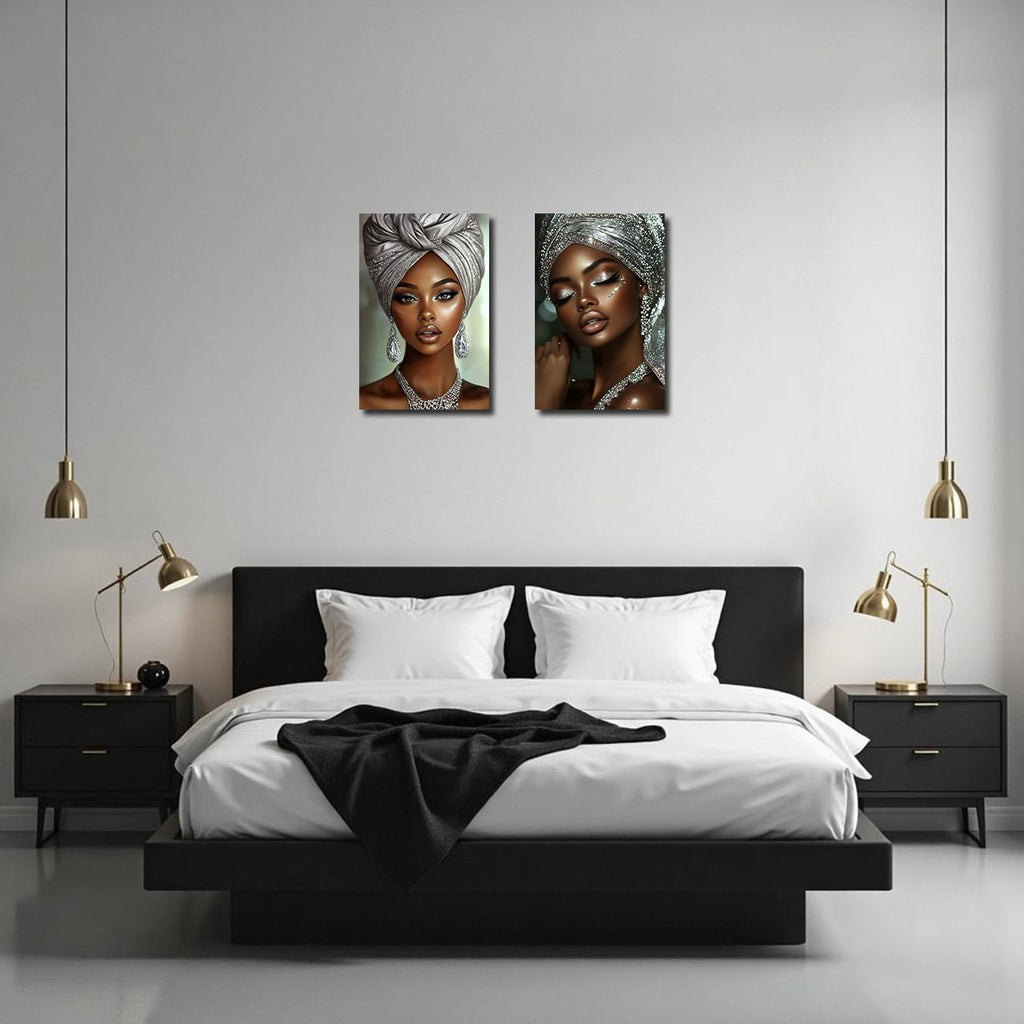 LZIMU African American Pictures Wall Art 2 Pieces Black Girl Painting Abstract Black Woman Portrait Canvas Prints Black Art Wall Decor Framed (Silver, 24x36inchx2 Pieces)