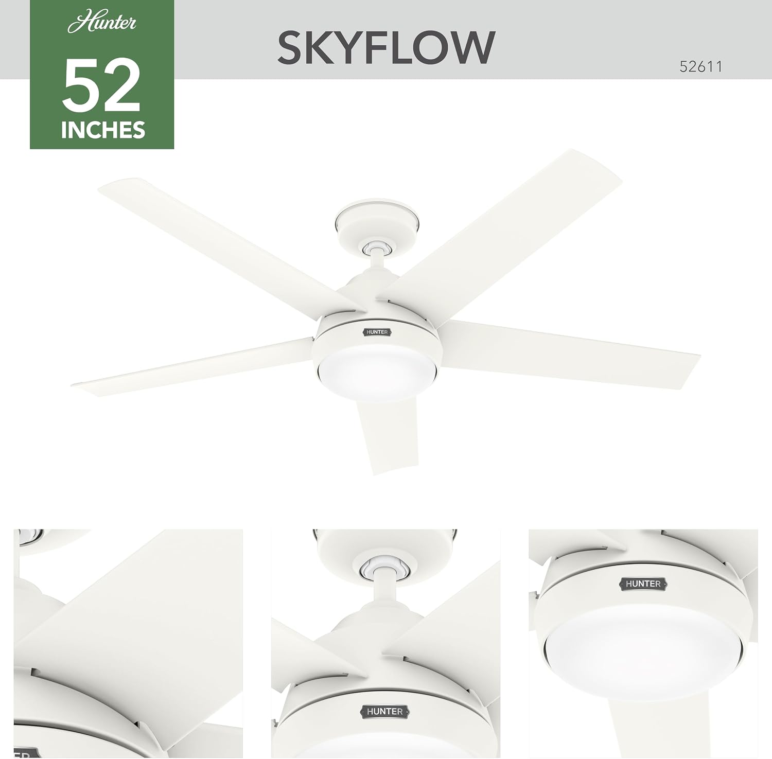 Hunter Skyflow 52 inch Indoor/Outdoor Ceiling Fan with Light and Wall Control, Matte White Ceiling Fan, 3 Speed WhisperWind Motor, 52611, for Coastal Patios, Pergolas, Bedrooms, or Living Rooms
