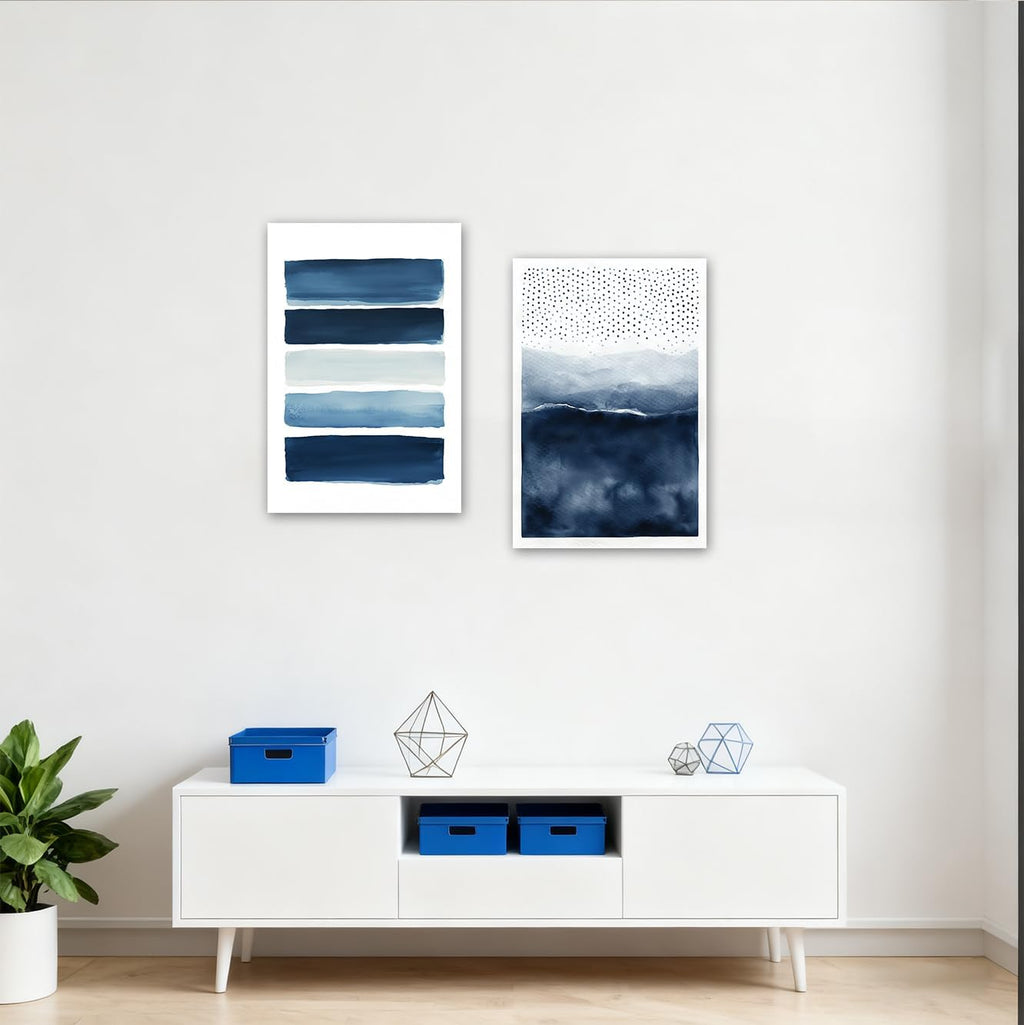 SWQYLB Navy Blue Canvas Wall Art 2 Pieces Neutral Blue and White Abstract Paintings Wall Decor Watercolor Pictures for Modern Minimalist Print Office Decor Framed (24x36inchx2 Pieces)