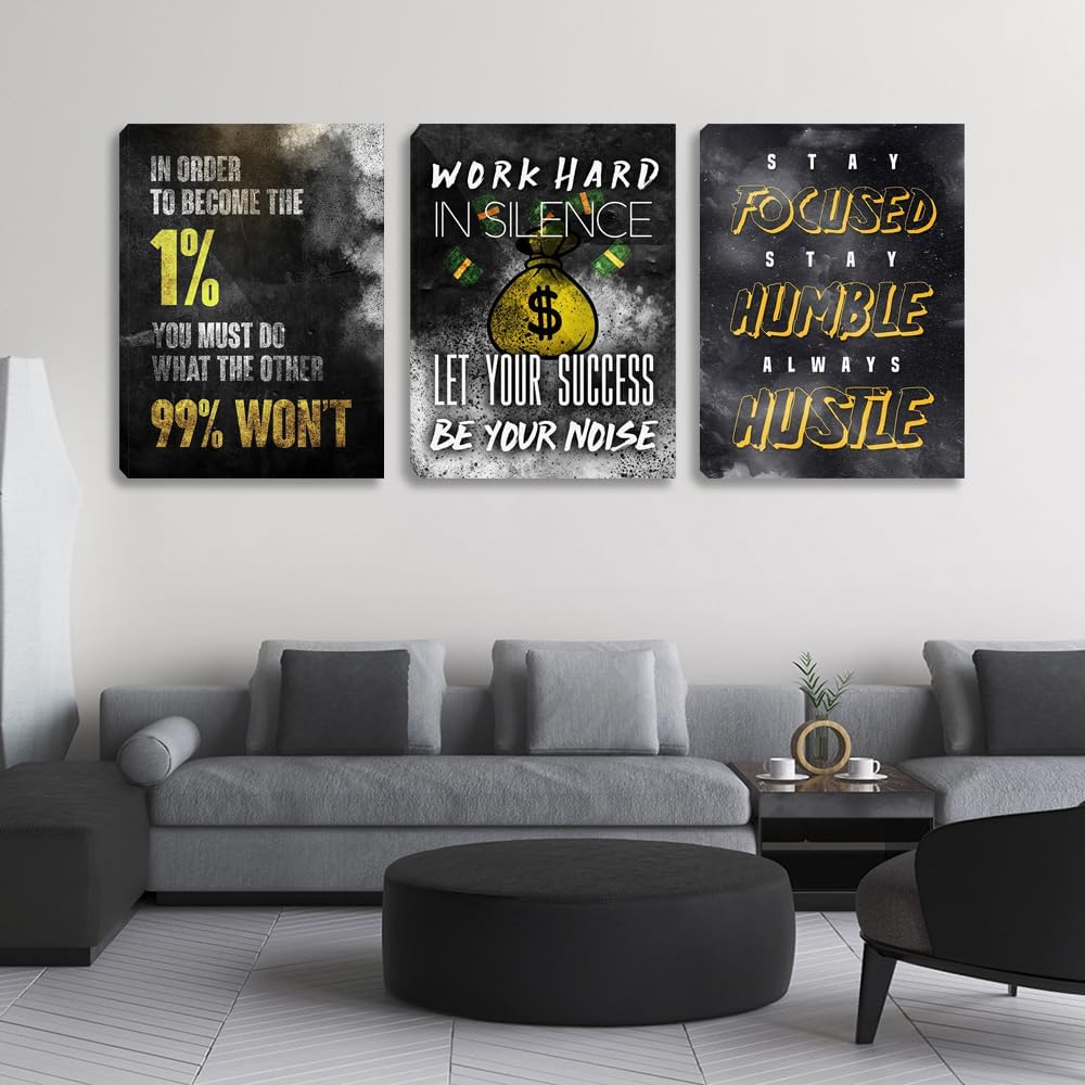 Inspirational Wall Art Motivational Wall Art 3 Pieces Canvas Wall Art Office Decor Hustle Quotes Poster Painting Print Artwork Framed for Bedroom Living Room Gym(72''Wx 36''H)