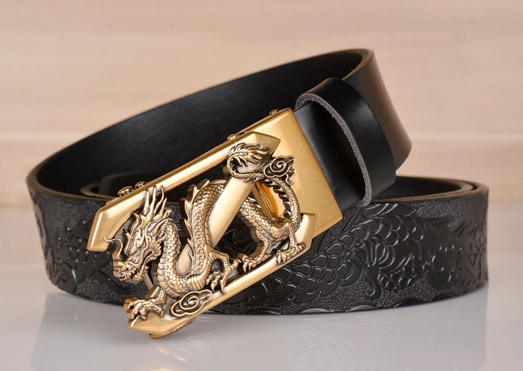 Mens Ratchet Leather Belt, Genuine Leather belts, Engraved Vintage Dragon Eagle Tiger Buckle, Business leisure belt