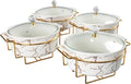 8' Round Ceramic Casserole Dish with Glass Lid and Gold rack Set of 4, 2 qt Serving Soup Tureen, Chafing Dish for Buffet, Family Food preserve Tray, Catering Casserole for Party Style