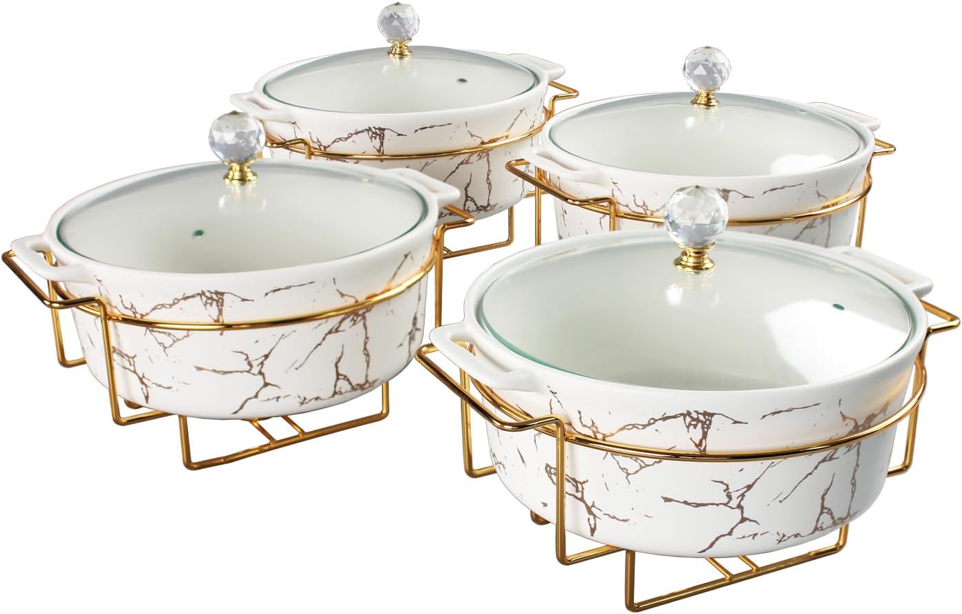 8' Round Ceramic Casserole Dish with Glass Lid and Gold rack Set of 4, 2 qt Serving Soup Tureen, Chafing Dish for Buffet, Family Food preserve Tray, Catering Casserole for Party Style