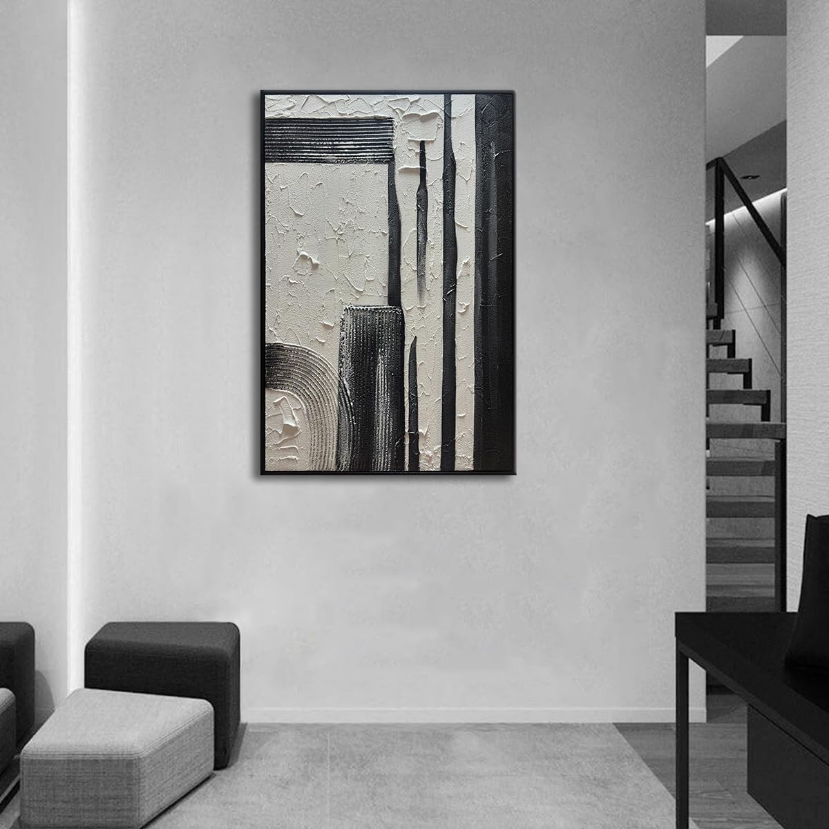 Slyart Hand Painted Black and White Textured Wall Art Black Framed Abstract Oil Paintings on Canvas Large Texture Minimalism Artwork for Home Decorations