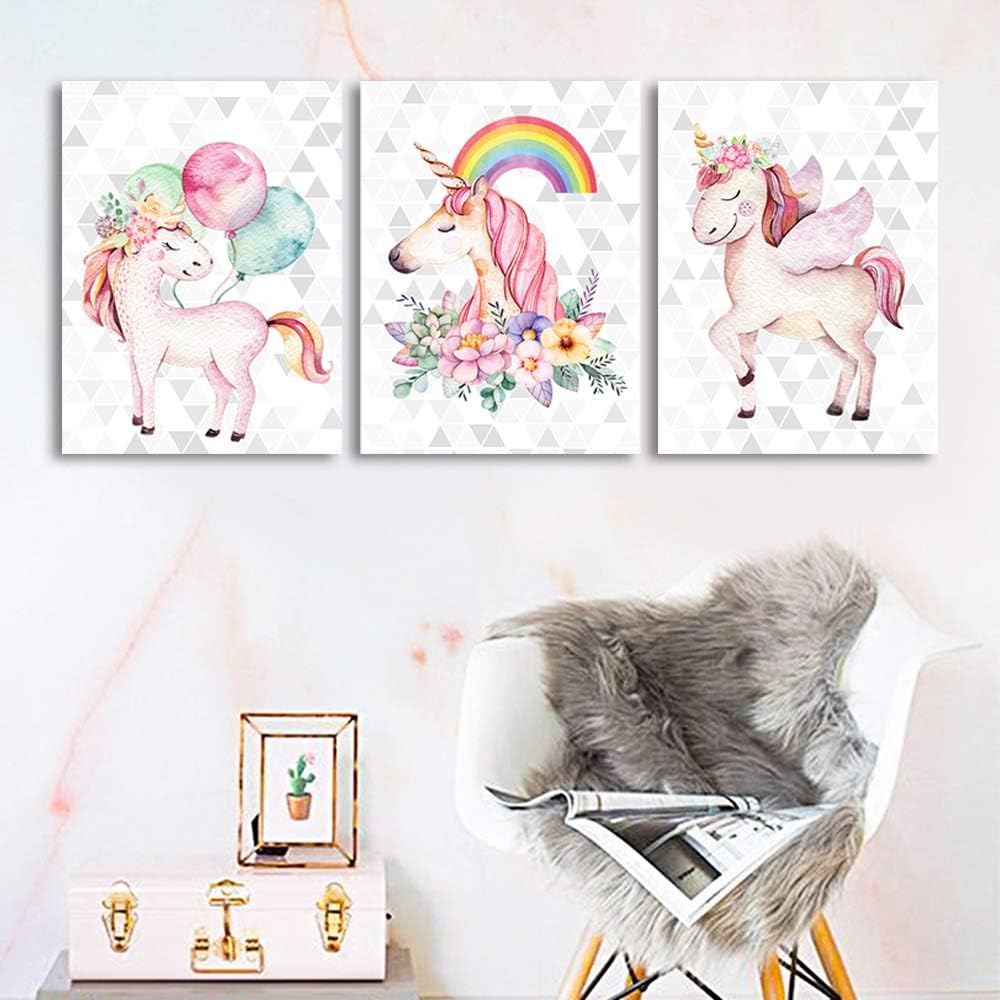 Unicorn Wall Decor Framed Canvas Art Prints Sweet Pink Horse Flower Balloon Rainbow Pictures Posters Modern Artwork Paintings Home Wall Decoration Girls Room Kids Bedroom Gift Set of 3 Panels 20x28