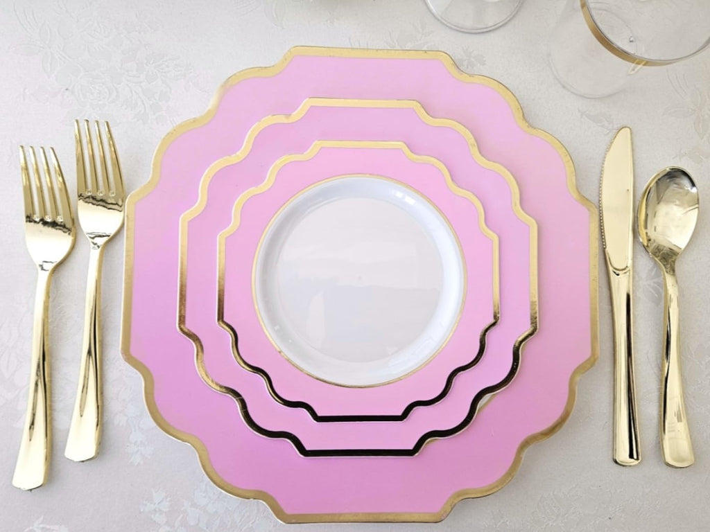 ' OCCASIONS ' 960 Piece set (120 Guests)-Heavyweight Wedding Party Disposable Plastic Plate Set - 120 x 10.5'' + 120 x 8'' + Silverware + Cups + Napkins (Imperial in Rose Pink & Gold)