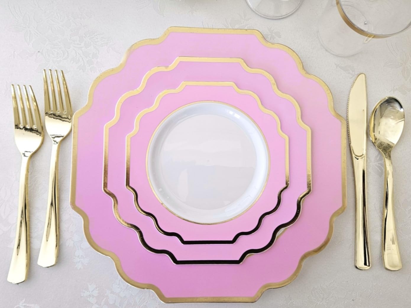 ' OCCASIONS ' 960 Piece set (120 Guests)-Heavyweight Wedding Party Disposable Plastic Plate Set - 120 x 10.5'' + 120 x 8'' + Silverware + Cups + Napkins (Imperial in Rose Pink & Gold)