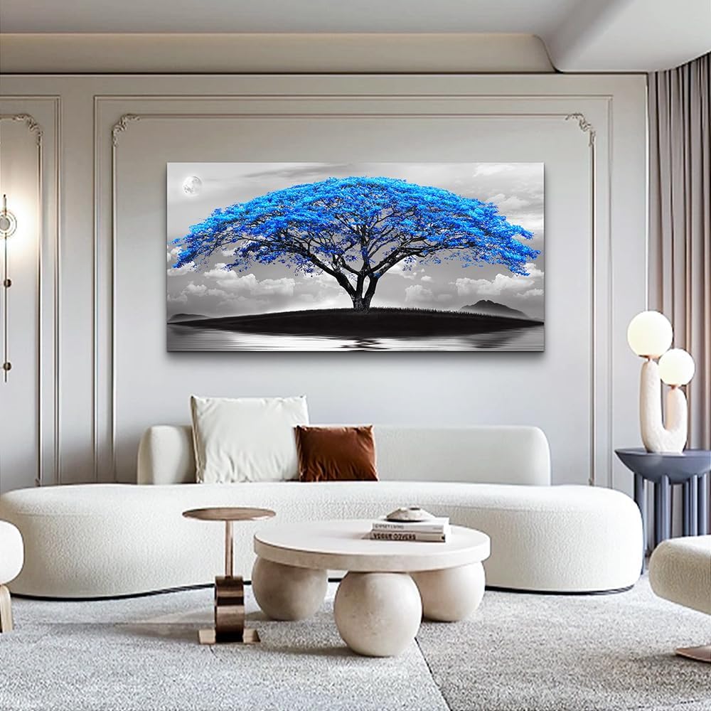 Wapluam Black And White Pictures Large Canvas Prints Wall Art For Living Room Bedroom Wall Decor Blue Tree Landscape Painting To Hang Modern Home Decorations For Office Stretched And Framed Works