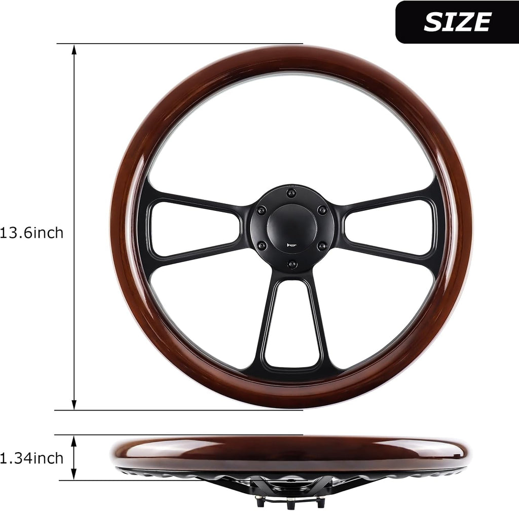 Universal 14 Inch Wooden Racing Steering Wheel 6 Bolt Black Aluminum 3 Spoke Vintage with Horn Button for Racing/Rally/Motorsports Racing Steering Wheel