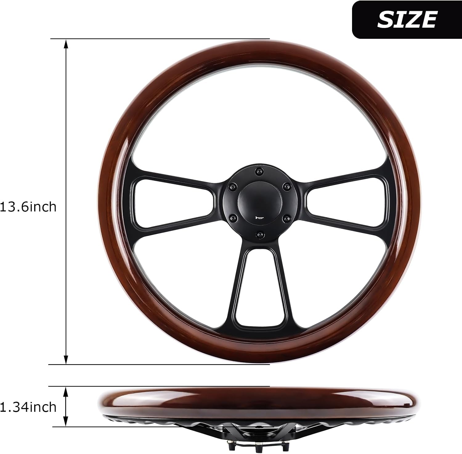 Universal 14 Inch Wooden Racing Steering Wheel 6 Bolt Black Aluminum 3 Spoke Vintage with Horn Button for Racing/Rally/Motorsports Racing Steering Wheel