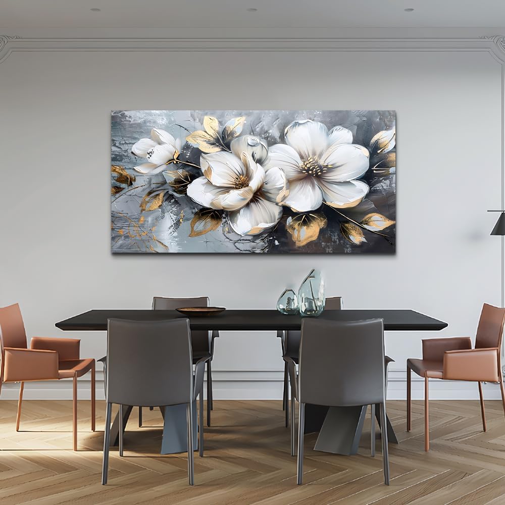 KELIYUAN Large Canvas Wall Decor Living Room For Wall Art For Bedroom Office Decorations Abstract White Flowers Wall Paintings Pictures Artwork Modern Framed Posters Home Decor Aesthetic 30'x60'