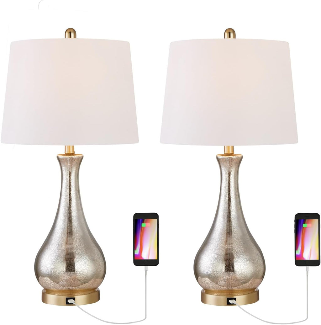 Maxax Set of 2 Glass Table Lamps for Living Room, 26' Gold Bedside Nightstand Lamps with USB Ports, 3 Way Dimmable Mercury Glass Bedroom Lamps with White Shade for Bedroom, ETL Certified
