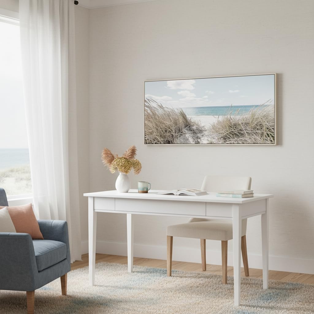 Beach Canvas Framed Wall Art: Large Coastal Seascape Picture Decor Ocean Scene Sea Print Painting Modern Seaside Seashore Grass Artwork for Bedroom Living Room Office