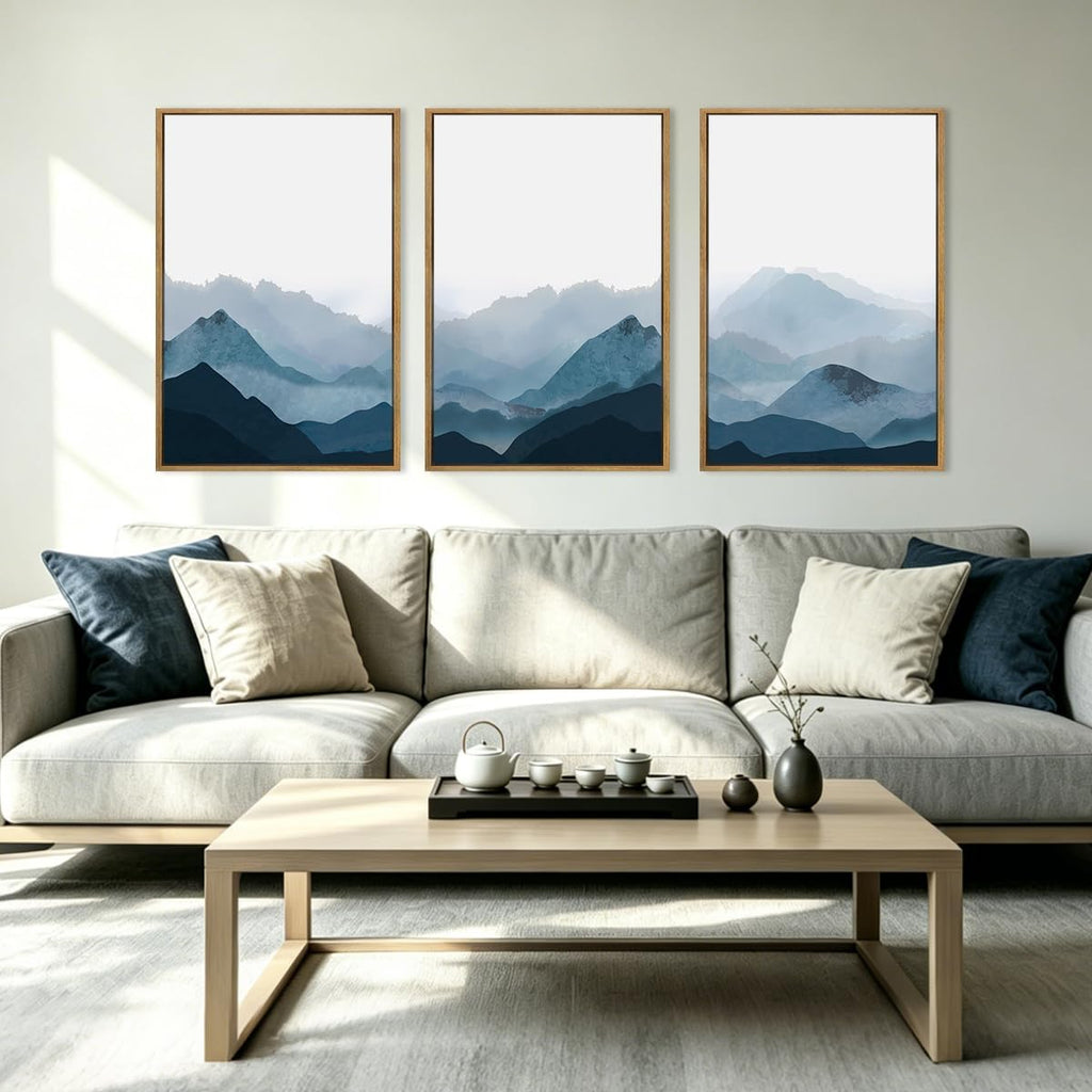 BINCUE Large Blue Mountain Wall Art Fog Blue Ridge Mountains Artwork Framed Minimalist Mountains Wall Decor Simple Mountain Pictures Landscape Artwork for Living Room Bedroom Office Farmhouse 24x36 Inch 3 Piece