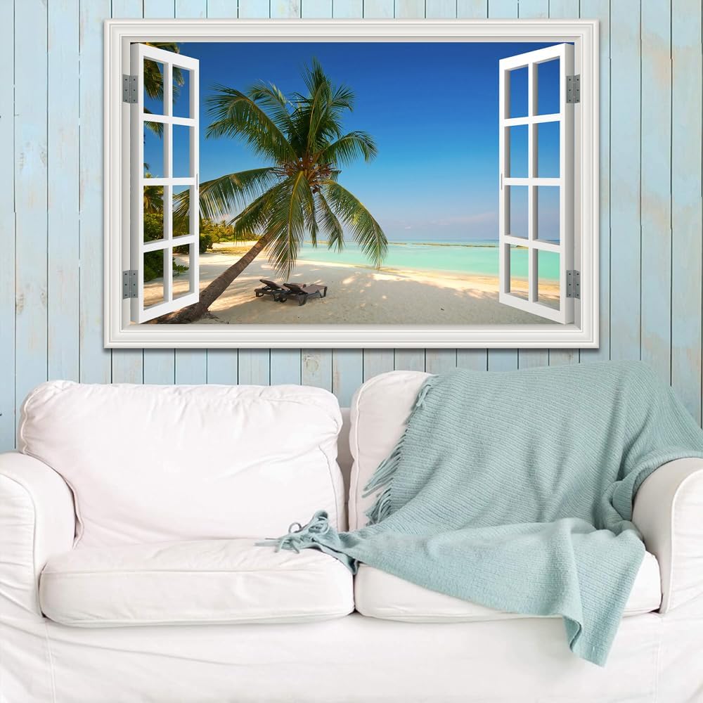 Beach Wall Art Ocean Theme Canvas Pictures White Fake Window Frame Style Tropical Palm Tree Wall Painting Extra Large Blue Coastal Landscape Art Print Seascape Artwork for Living Room Bedroom Home Office Decorations 32x48inch
