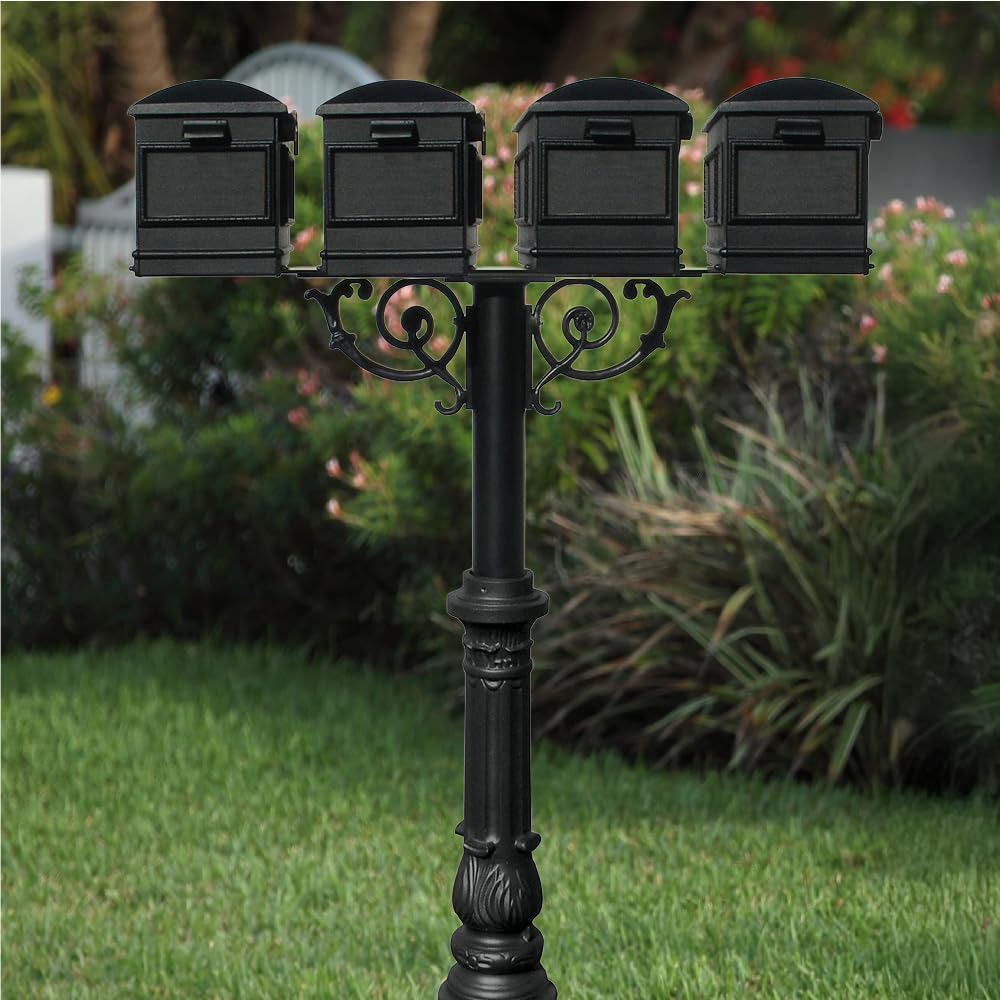 The Hanford Rust Free Cast Aluminum Quad Mailbox Post System with Ornate Base, 4 Lewiston Mailboxes, Mounting Bracket and Scroll Supports, Ships in 2 Boxes