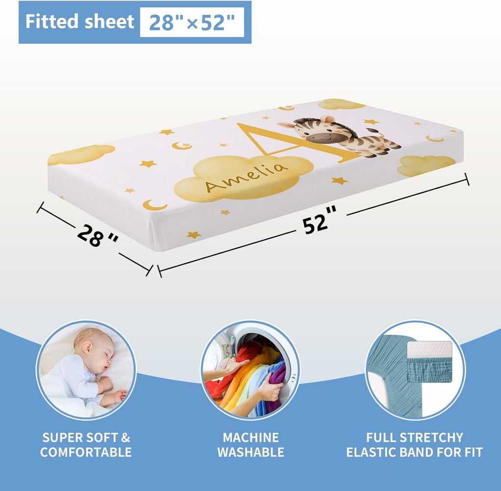 KAINSY Custom Crib Bedding Set, 5 Pcs Personalized Name Monogram Baby Crib Sets for Infants Toddlers, Yellow Zebra Nursery Bedding Set for Boys Girls, Double Layer Baby Bedding Sets Customized Gifts
