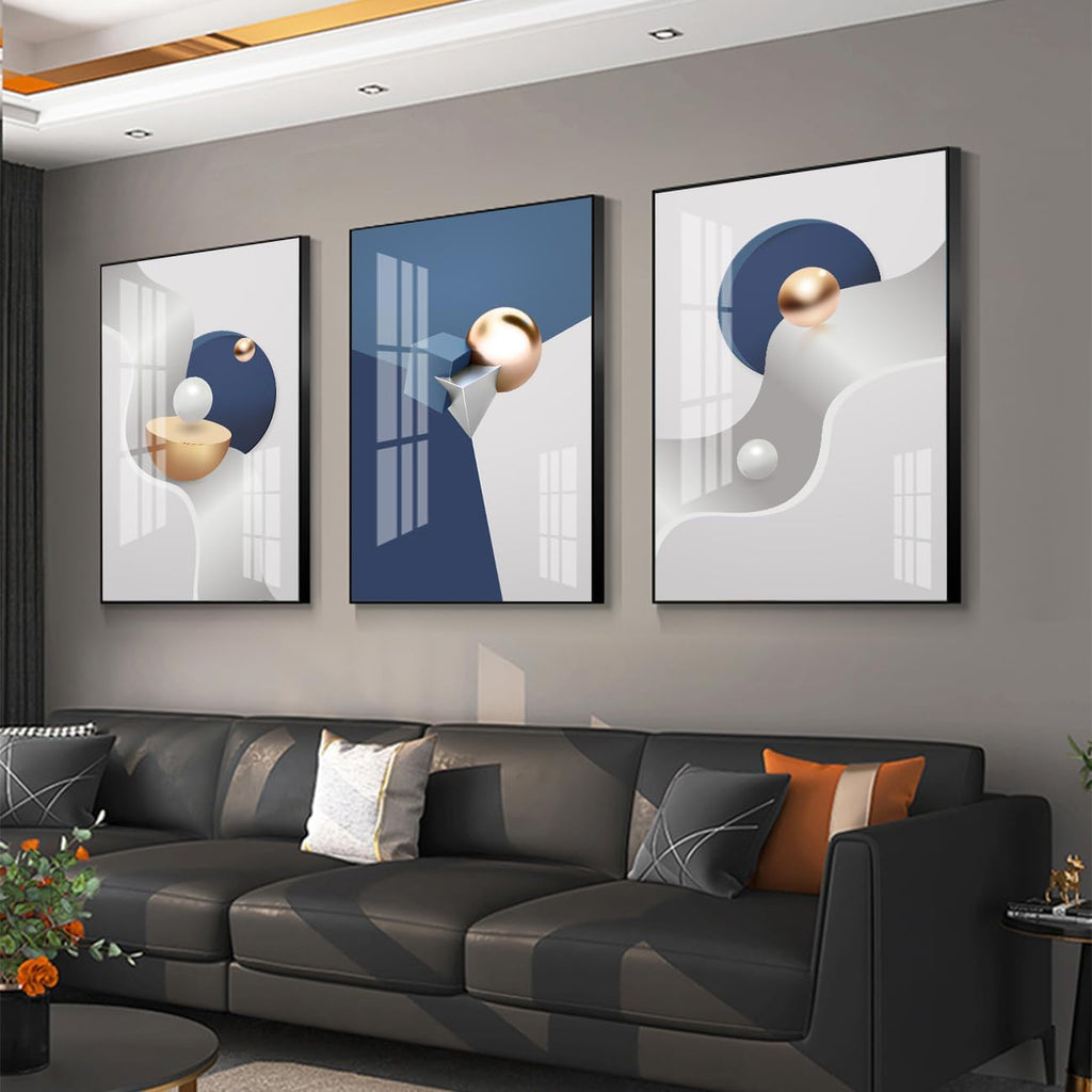 QKF Large Blue Geometry Abstract Wall Art Bright Canvas Decorative Painting Now Home, Bedroom, Living Room Painting Poster Printing Wall Decor 3-piece Set 20' X 28'